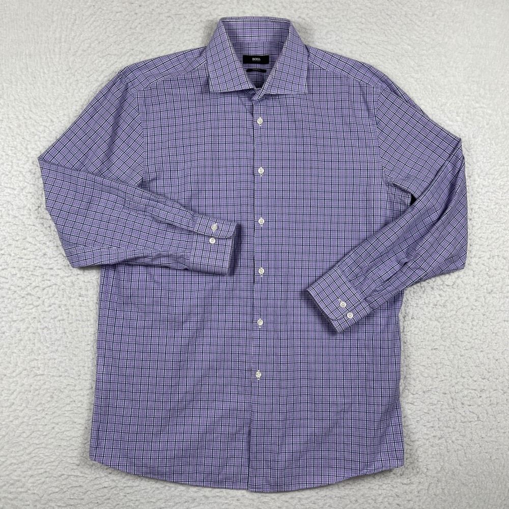 Hugo Boss Dress Shirt Mens 17 32/33 Purple Sharp Fit Check Cotton Long Sleeve